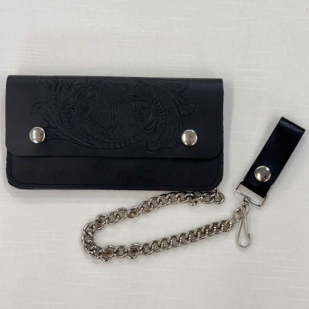 Mens Black Leather Biker Trucker Wallet Embossed Eagle Chain Made in USA